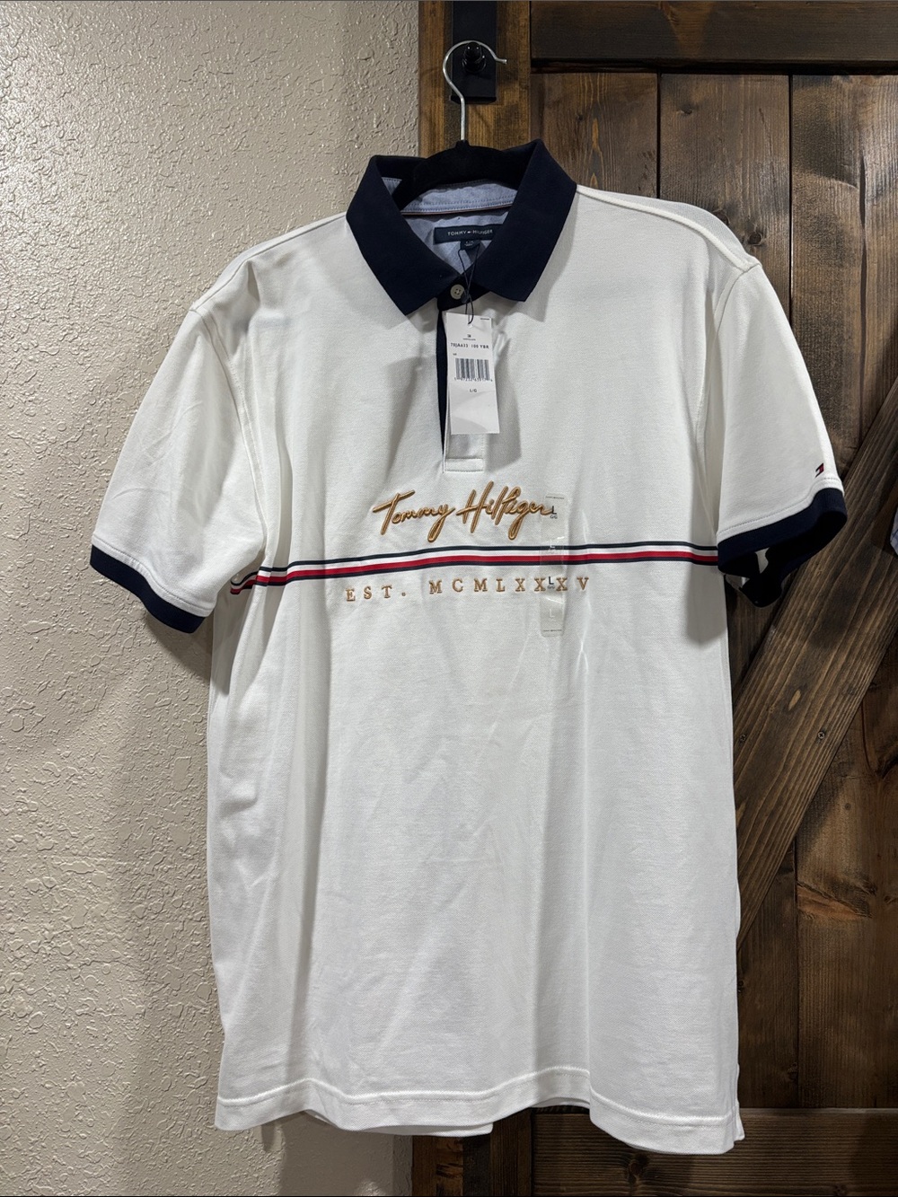 Tommy Hilfiger White Polo with Navy Collar and Red-Navy Chest Stripe